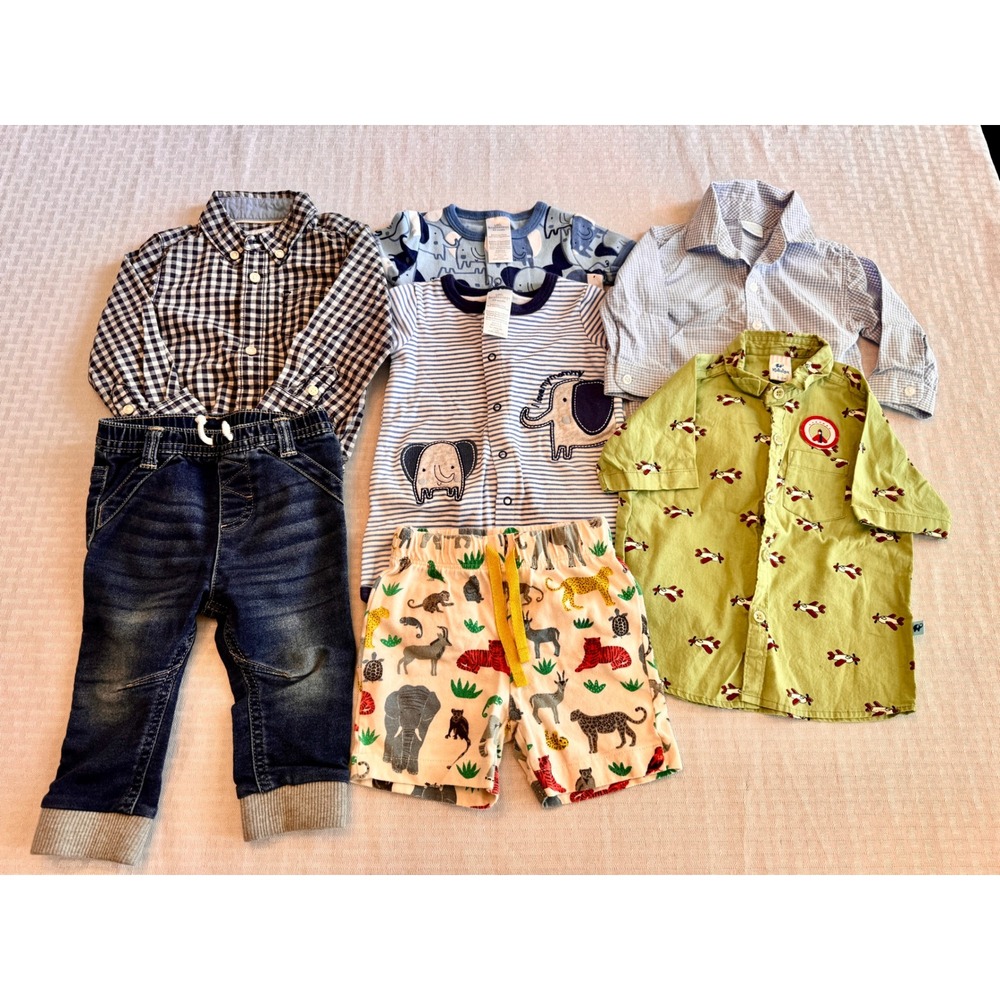 Baby Boy Clothes Bundle Carter's Boden Cat & Jack 3-12M Safari Gingham Denim 7pc